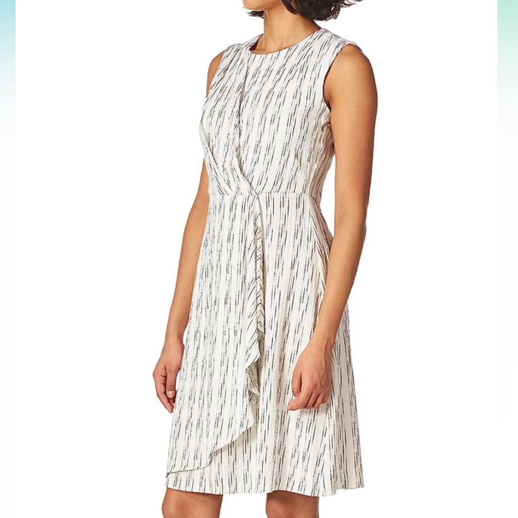 Nwt Calvin Klein Ruffled Faux Wrap A-Line Dress Size 4 Black Grey And White